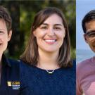 Three smiling individuals are photographed outdoors: one in a UC Davis polo, one in a blue top, and another wearing glasses.